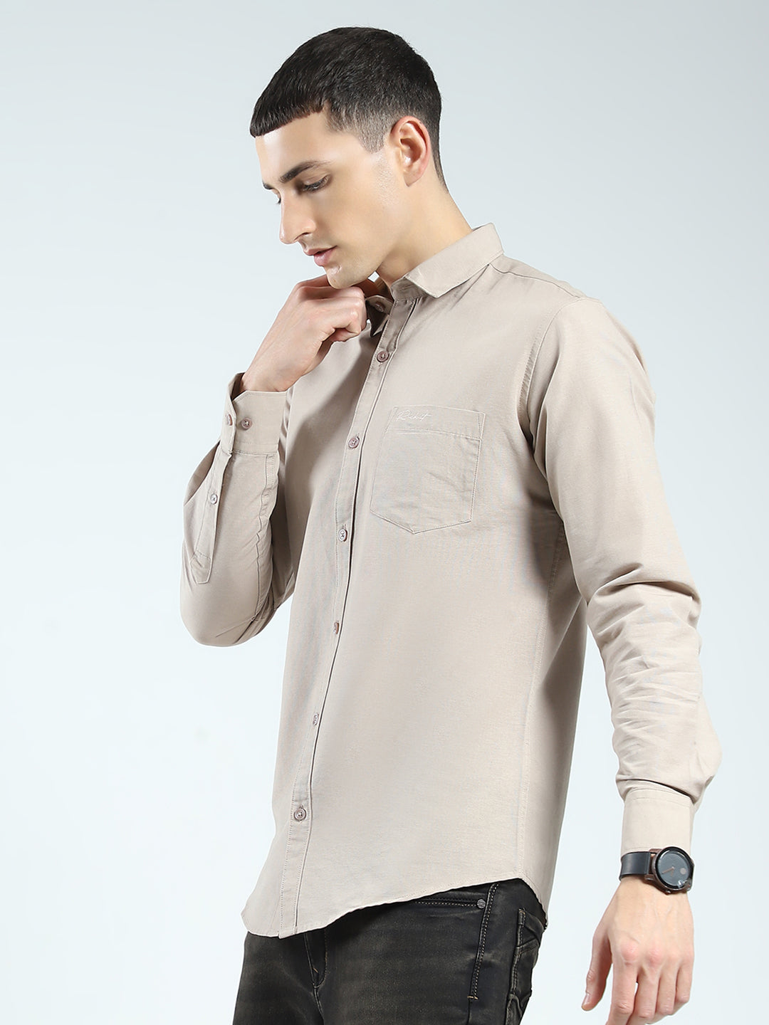 Rock.it Men Beige Solid Collar Full Sleeve Shirt