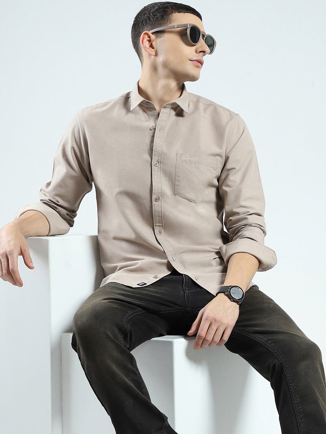 Rock.it Men Beige Solid Collar Full Sleeve Shirt