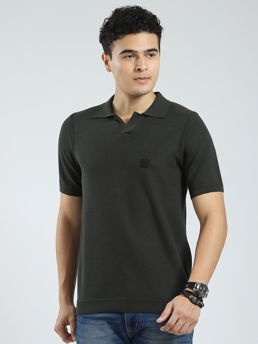 Rock.it Men Olive Solid Collar Half Sleeve T-Shirt