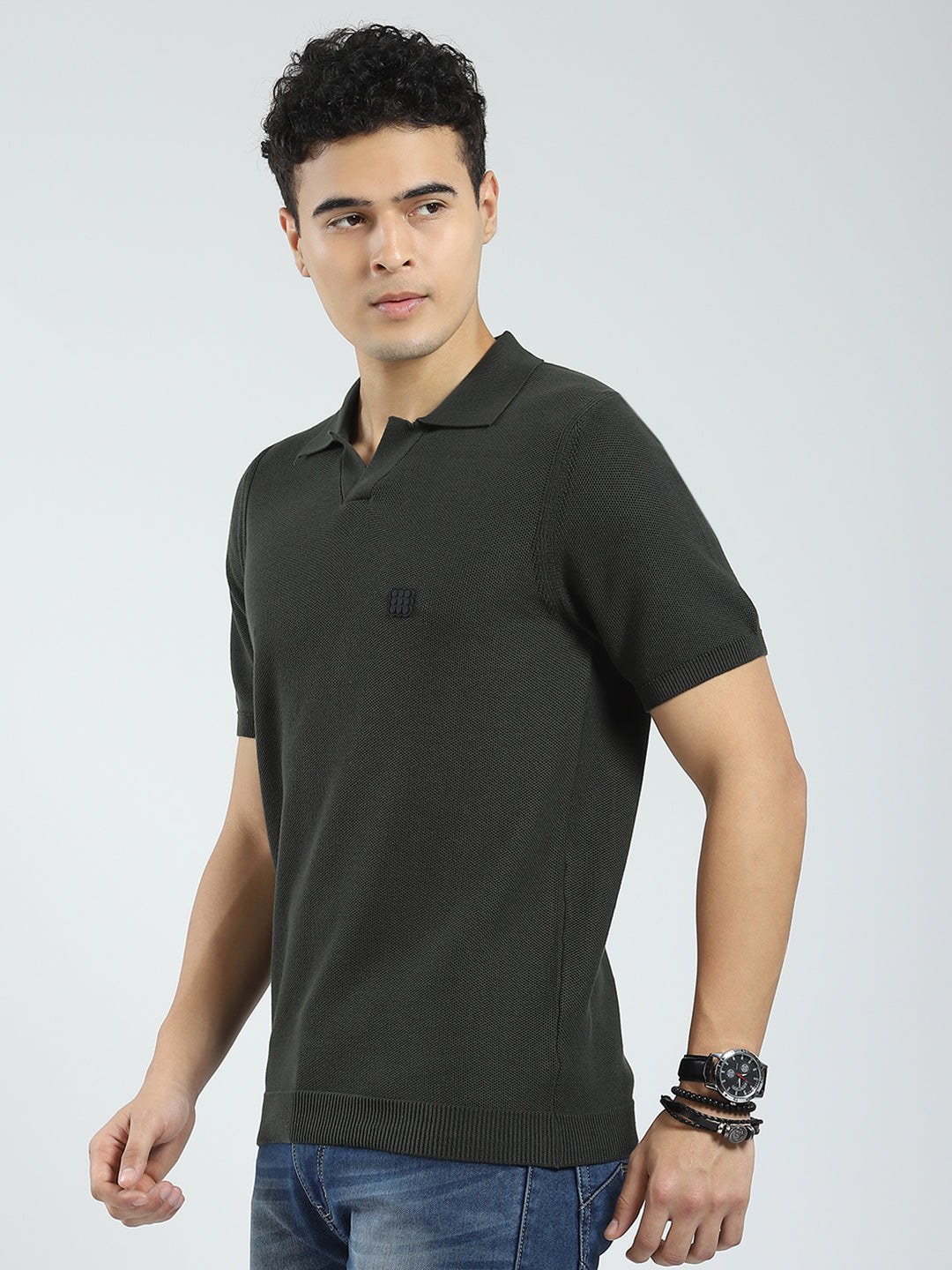 Rock.it Men Olive Solid Collar Half Sleeve T-Shirt