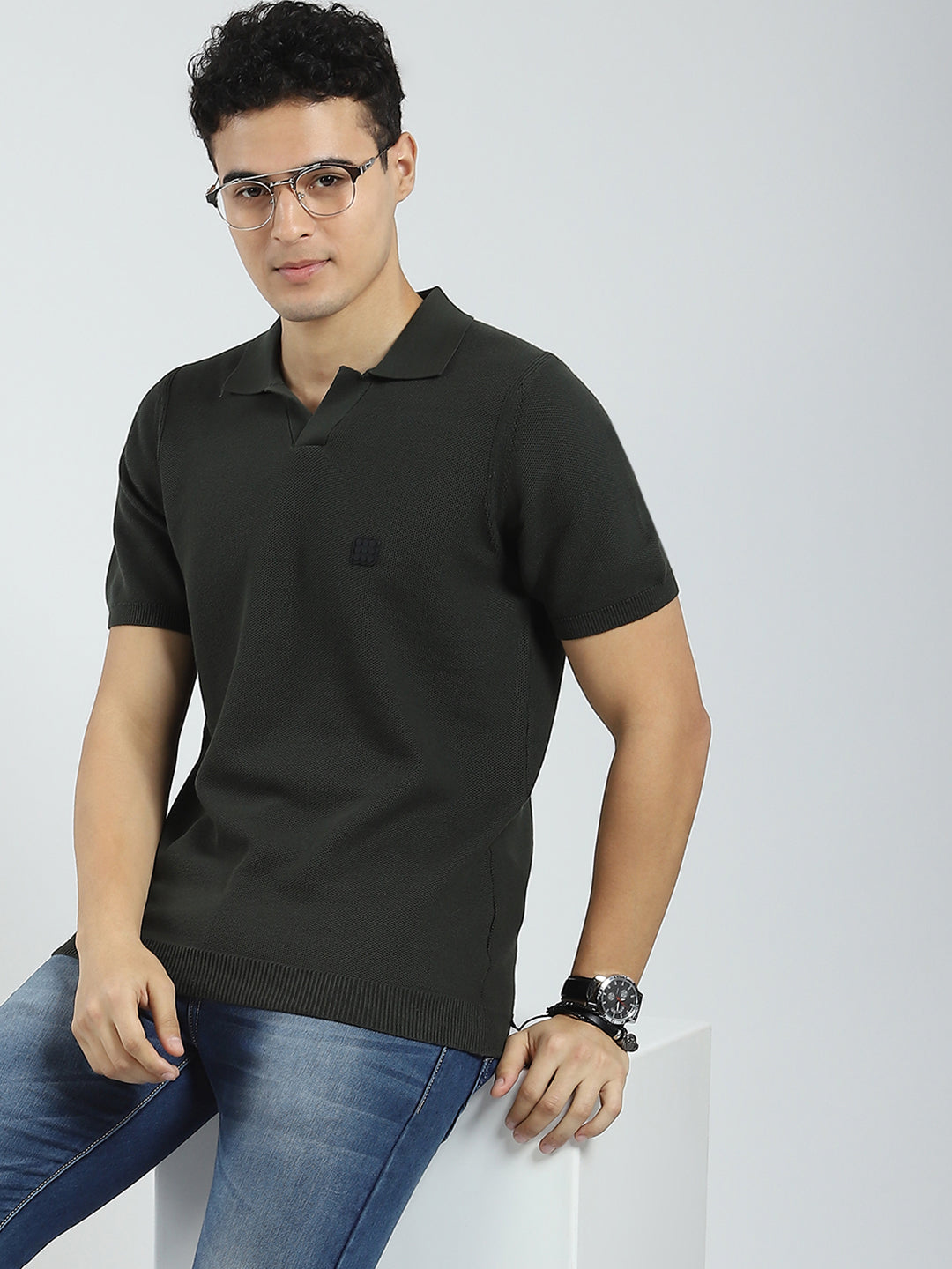 Rock.it Men Olive Solid Collar Half Sleeve T-Shirt