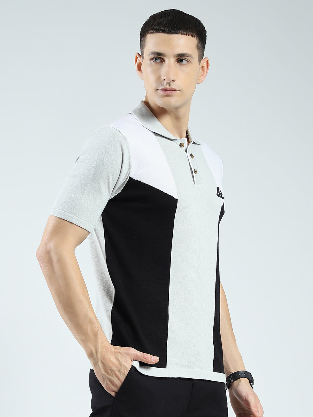 Rock.it Men Grey Self Design Collar Half Sleeve T-Shirt