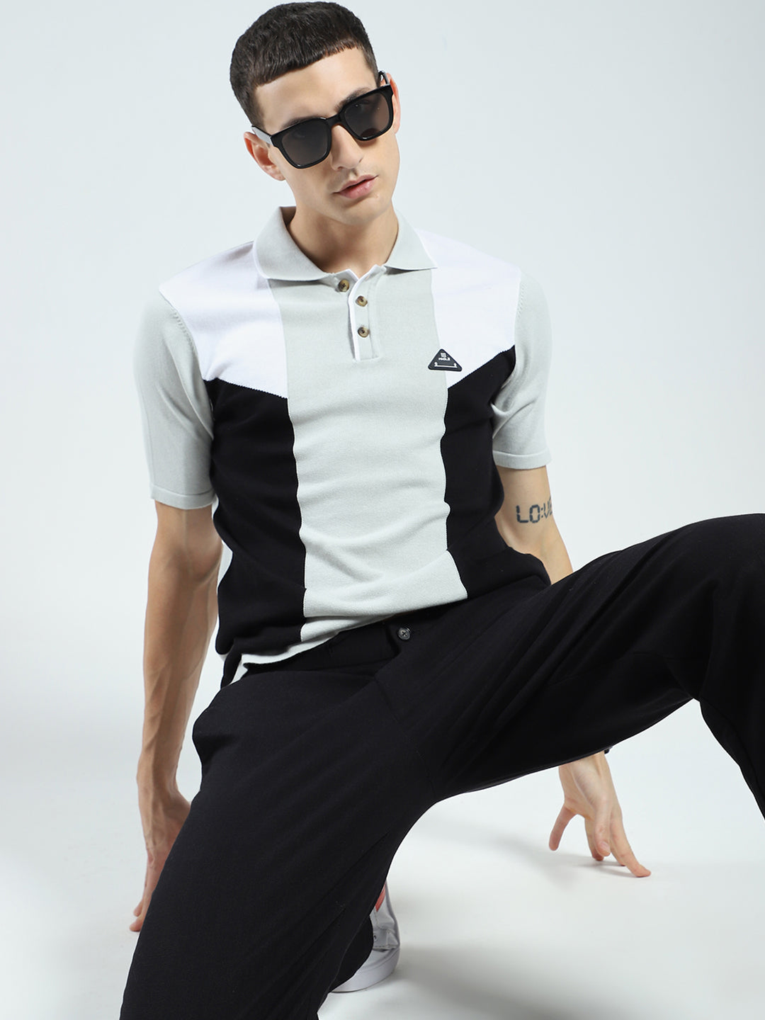 Rock.it Men Grey Self Design Collar Half Sleeve T-Shirt