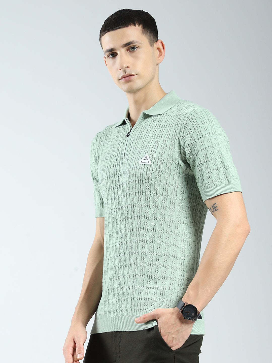 Rock.it Men Green Self Design Collar Half Sleeve T-Shirt