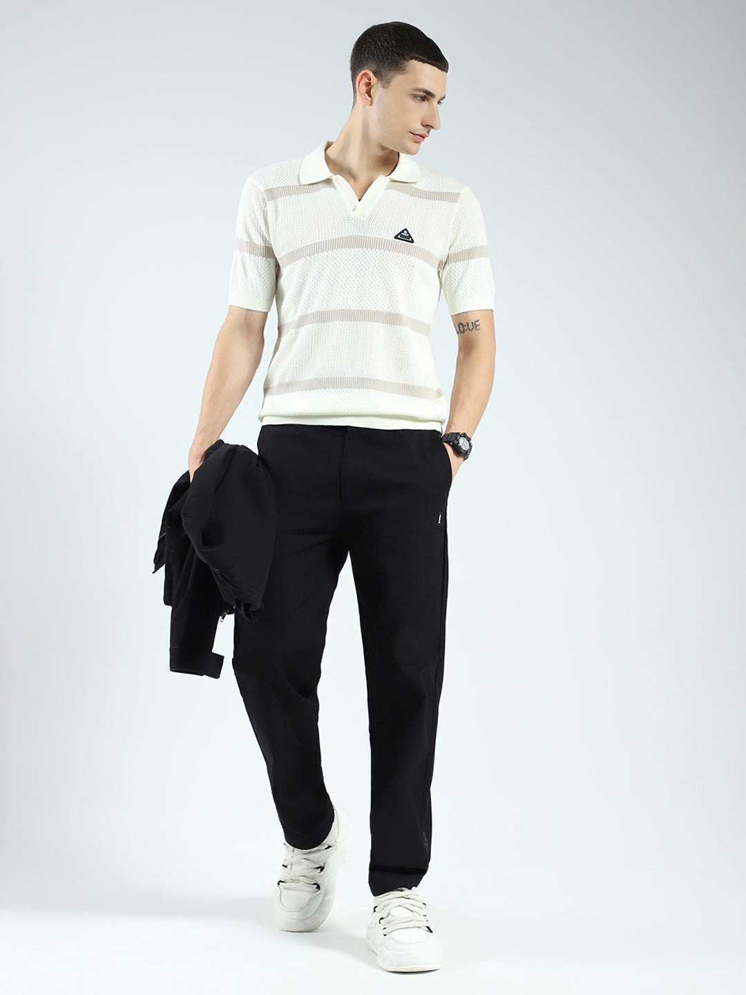 Rock.it Men Off White Stripe Collar Half Sleeve T-Shirt