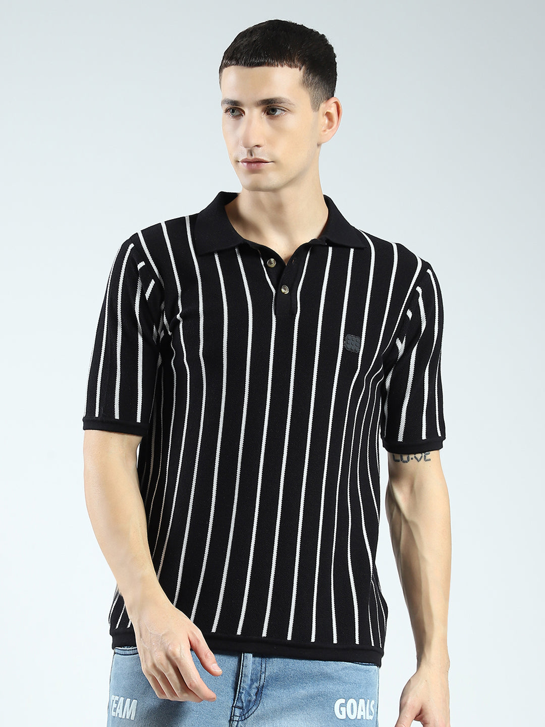Rock.it Men Black Stripe Collar Half Sleeve T-Shirt