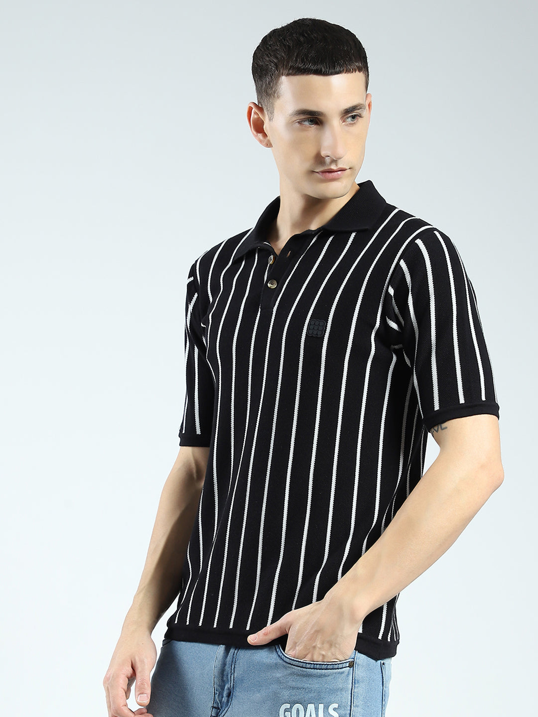 Rock.it Men Black Stripe Collar Half Sleeve T-Shirt