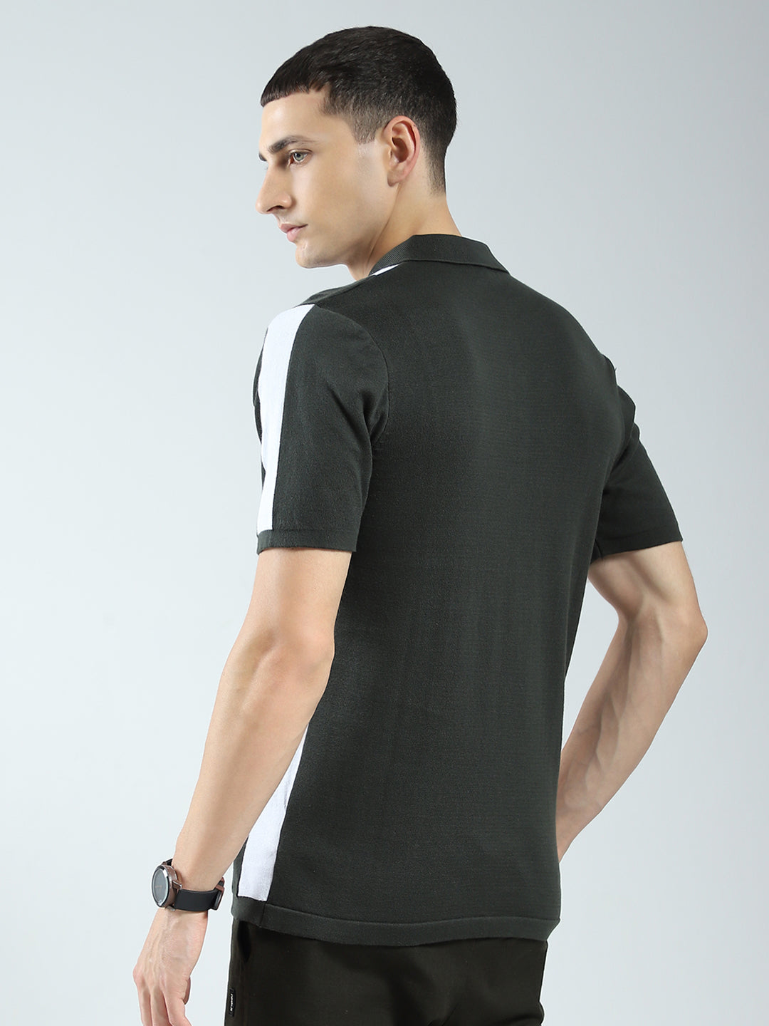 Rock.it Men Olive Stripe Collar Half Sleeve T-Shirt