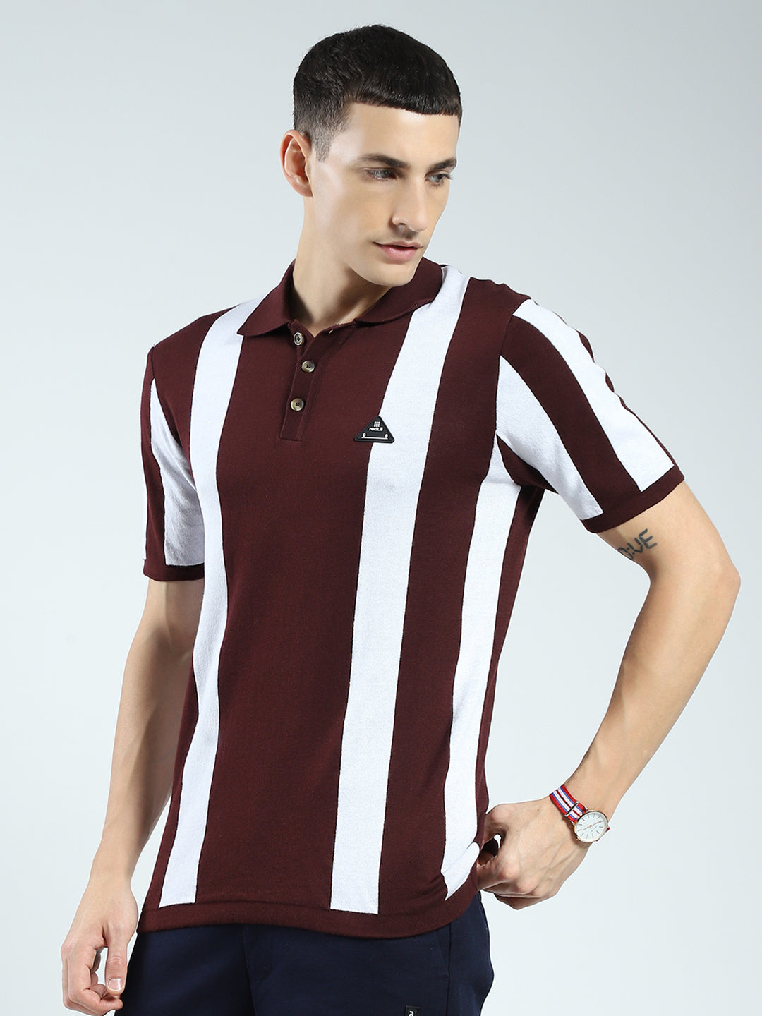 Rock.it Men Maroon Stripe Collar Half Sleeve T-Shirt