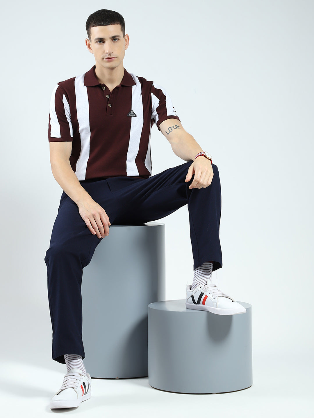 Rock.it Men Maroon Stripe Collar Half Sleeve T-Shirt