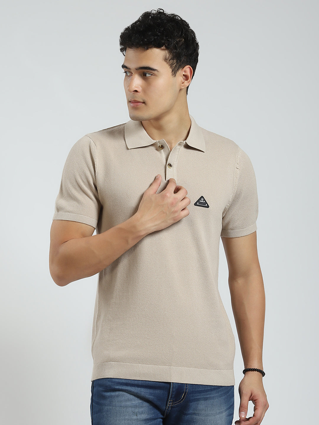 Rock.it Men Beige Solid Collar Half Sleeve T-Shirt