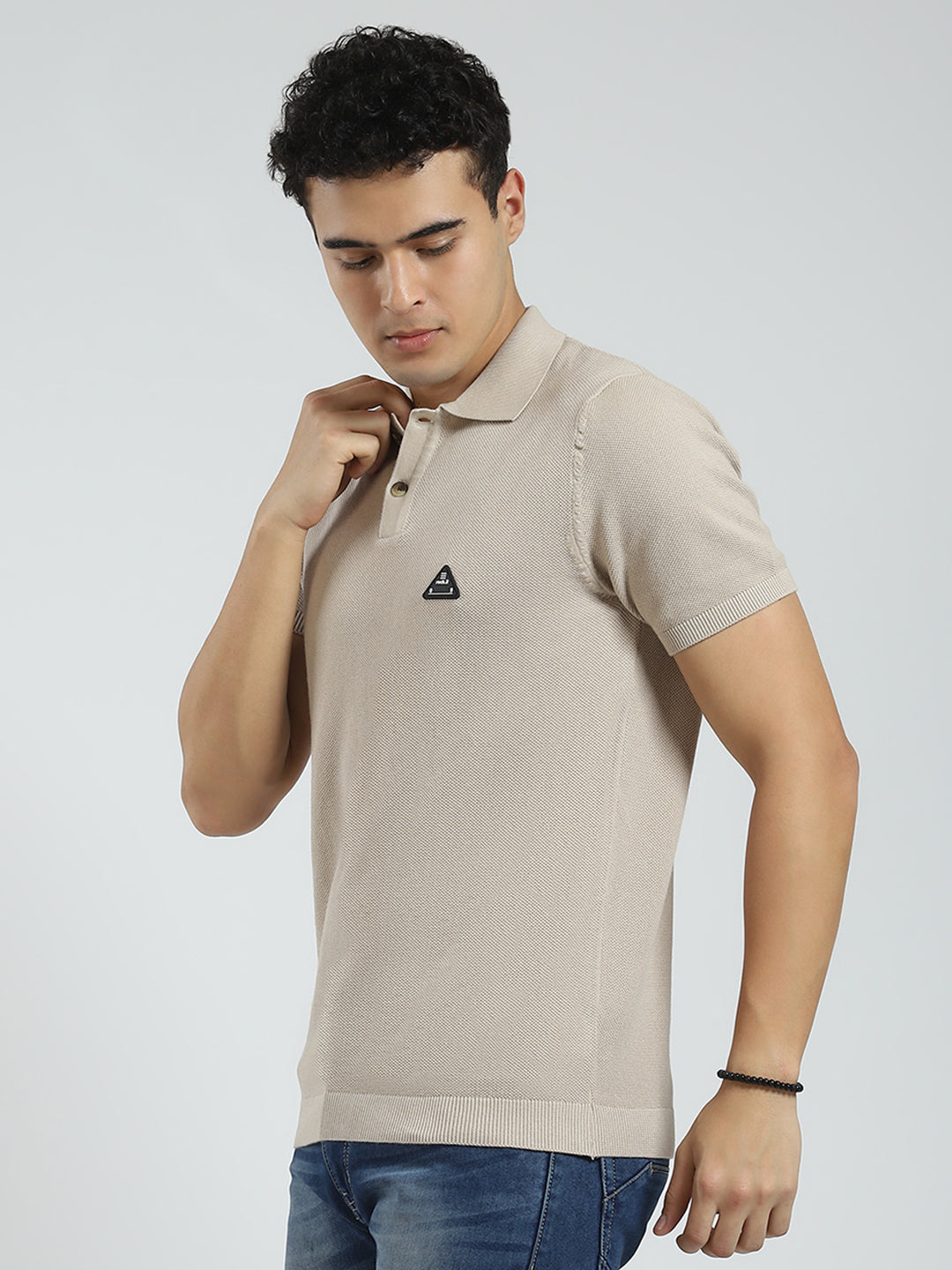 Rock.it Men Beige Solid Collar Half Sleeve T-Shirt