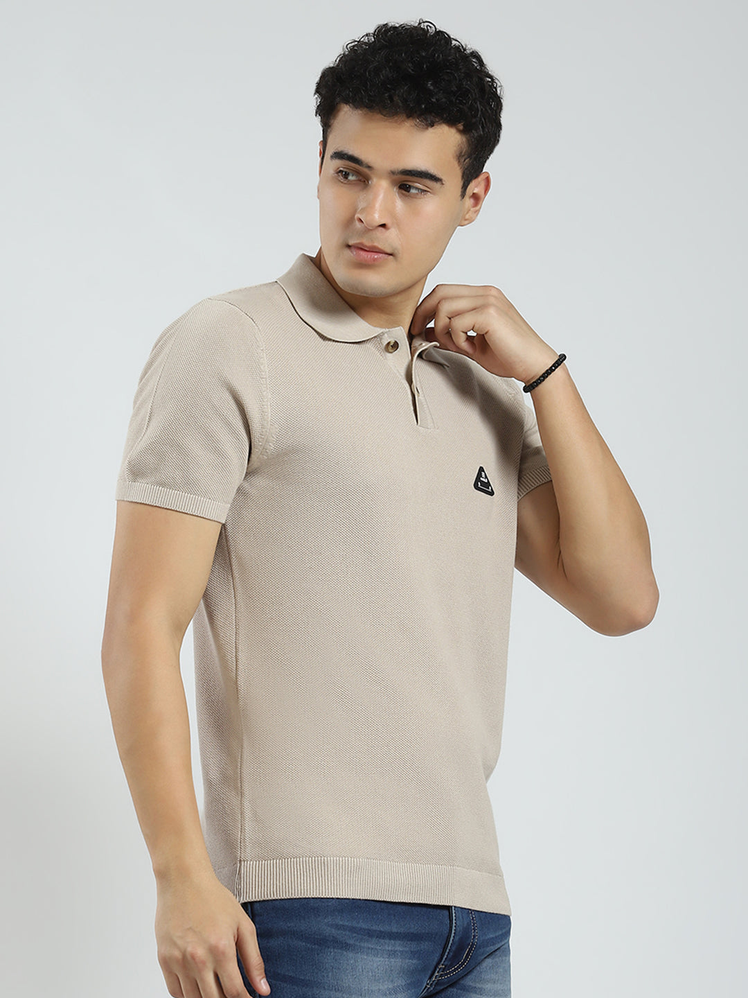 Rock.it Men Beige Solid Collar Half Sleeve T-Shirt