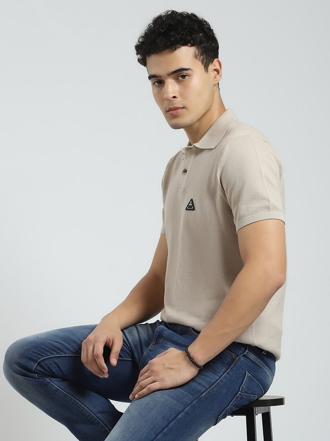 Rock.it Men Beige Solid Collar Half Sleeve T-Shirt