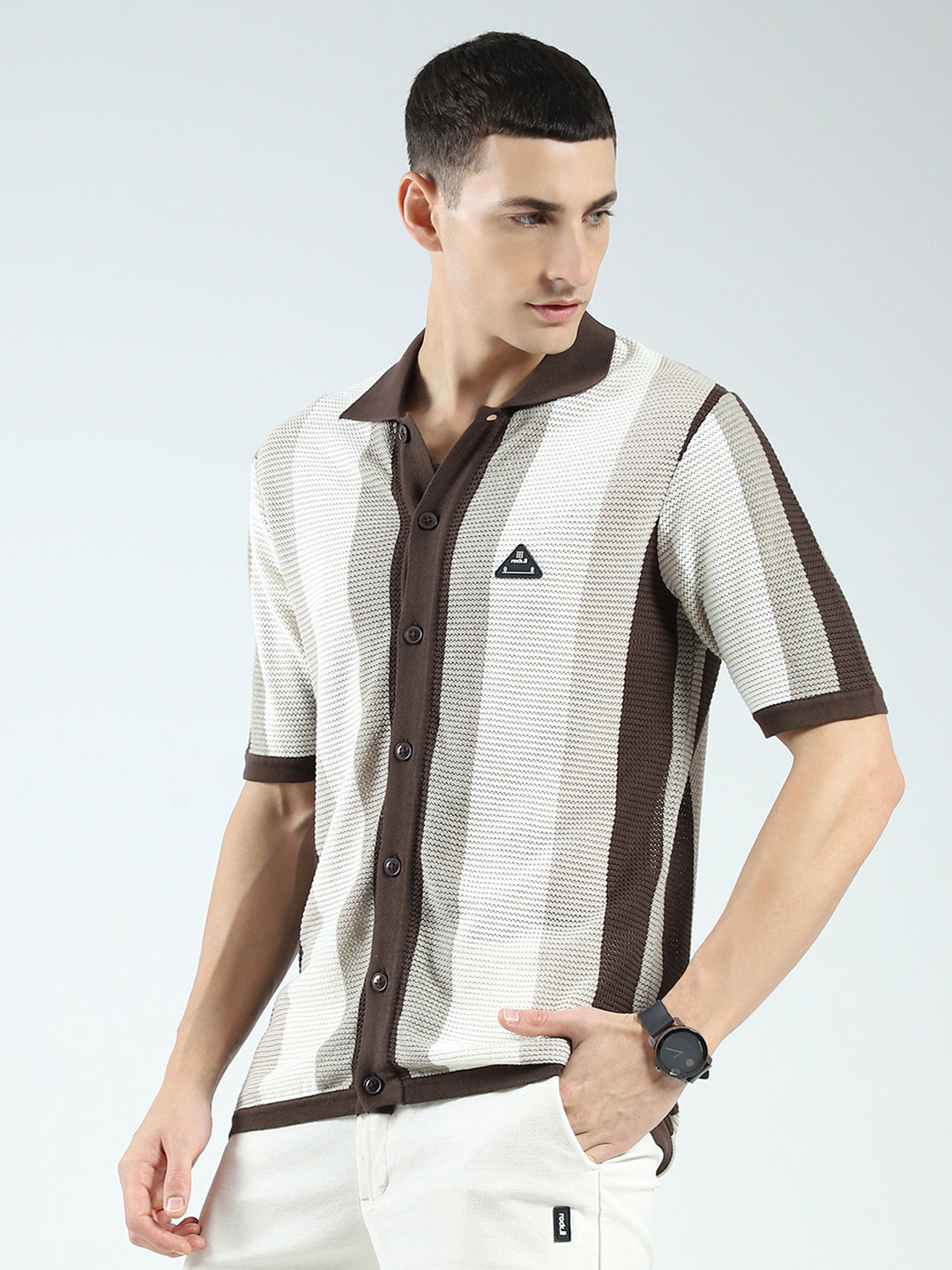 Rock.it Men Brown Stripe Collar Half Sleeve Shirt