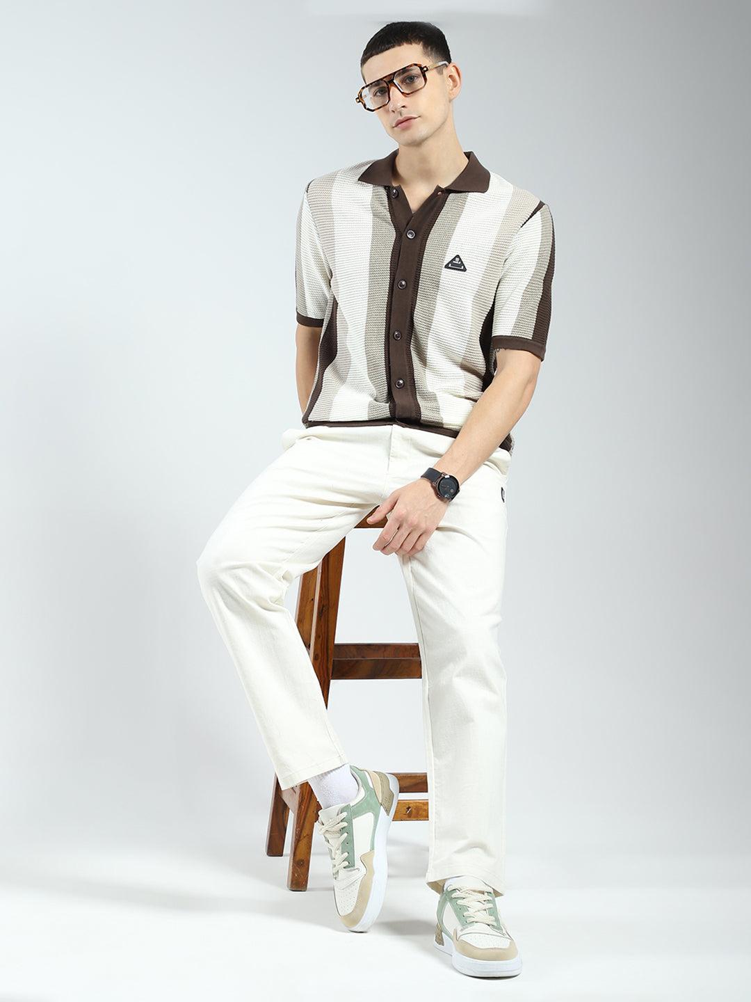 Rock.it Men Brown Stripe Collar Half Sleeve Shirt