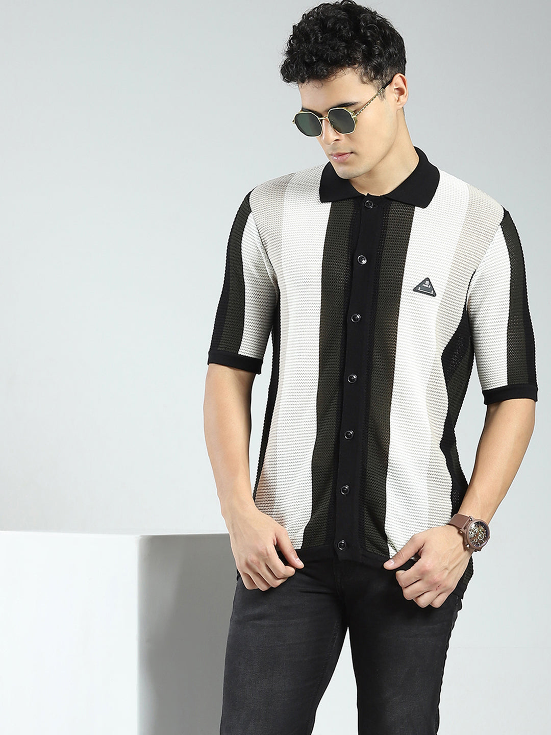 Rock.it Men Black Stripe Collar Half Sleeve Shirt