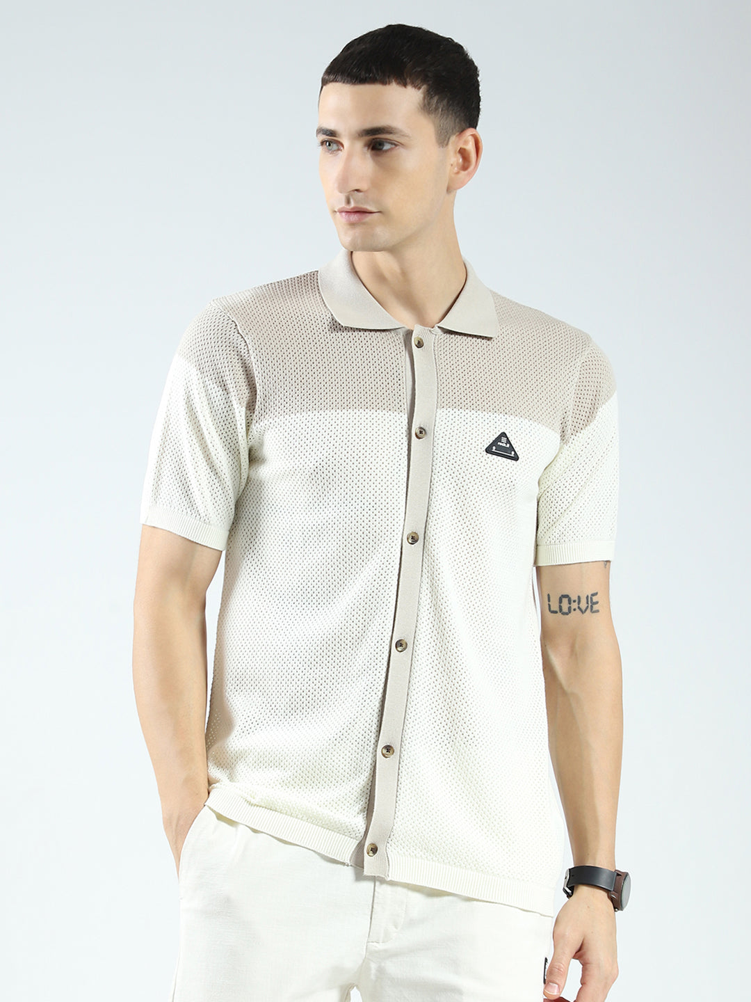 Rock.it Men Beige Self Design Collar Half Sleeve Shirt