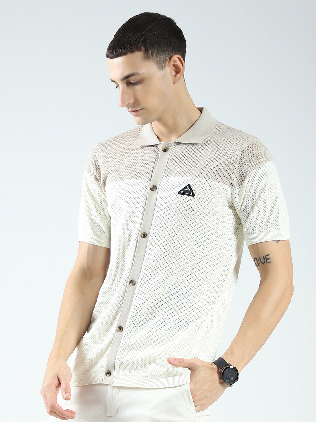 Rock.it Men Beige Self Design Collar Half Sleeve Shirt