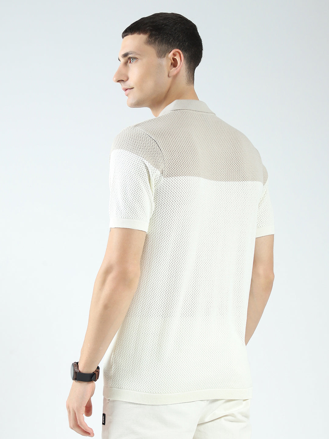 Rock.it Men Beige Self Design Collar Half Sleeve Shirt