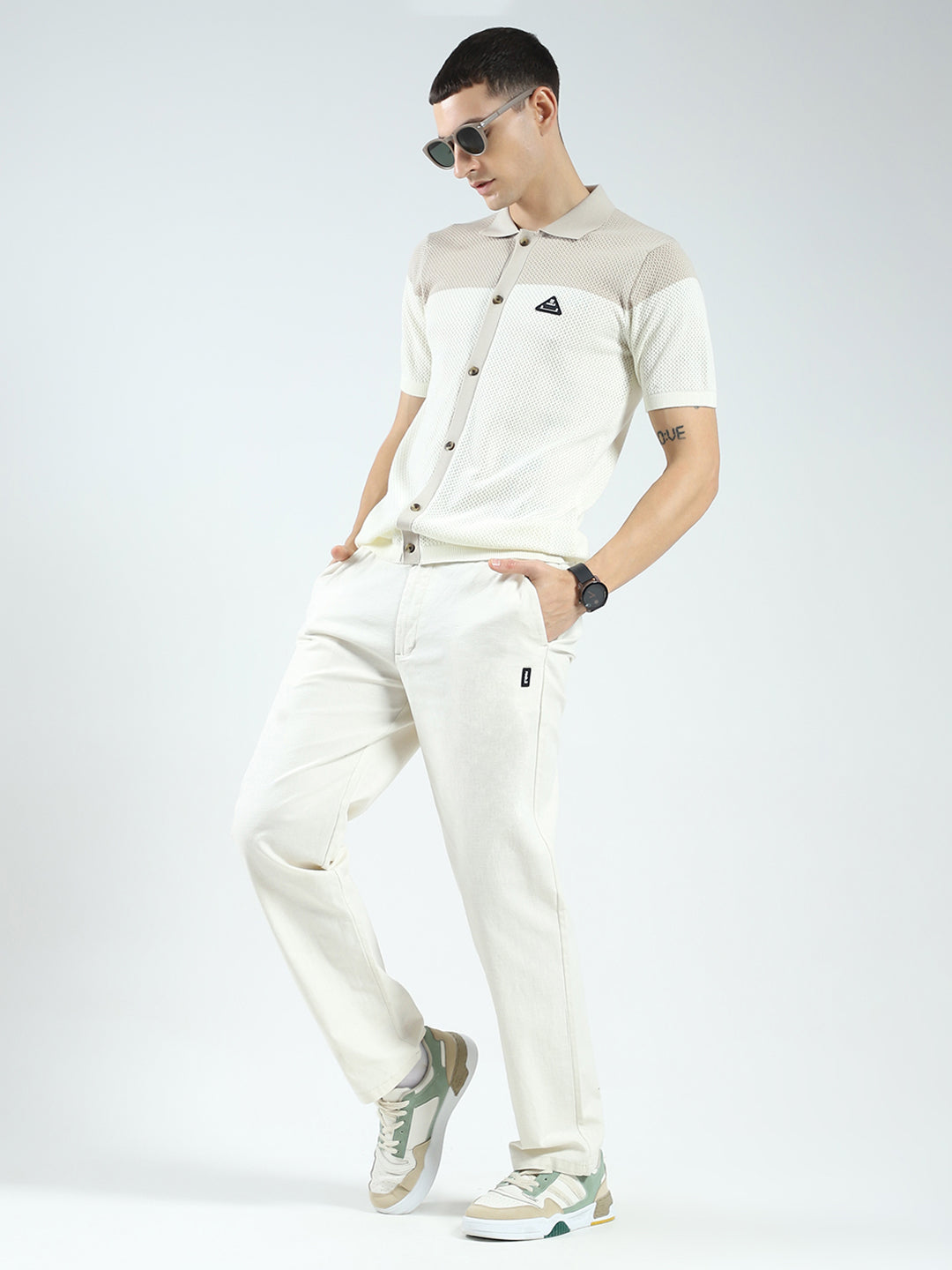 Rock.it Men Beige Self Design Collar Half Sleeve Shirt