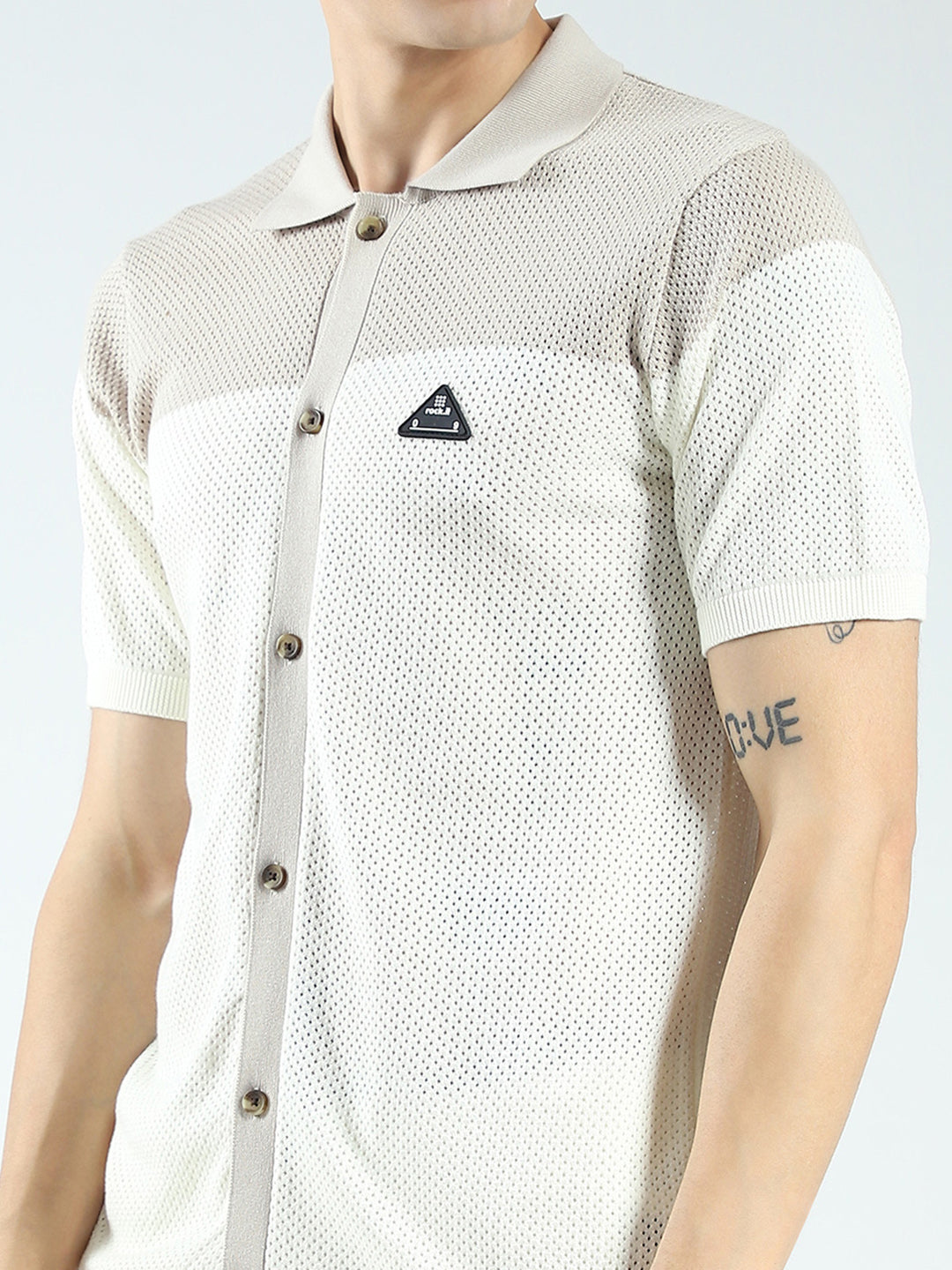 Rock.it Men Beige Self Design Collar Half Sleeve Shirt