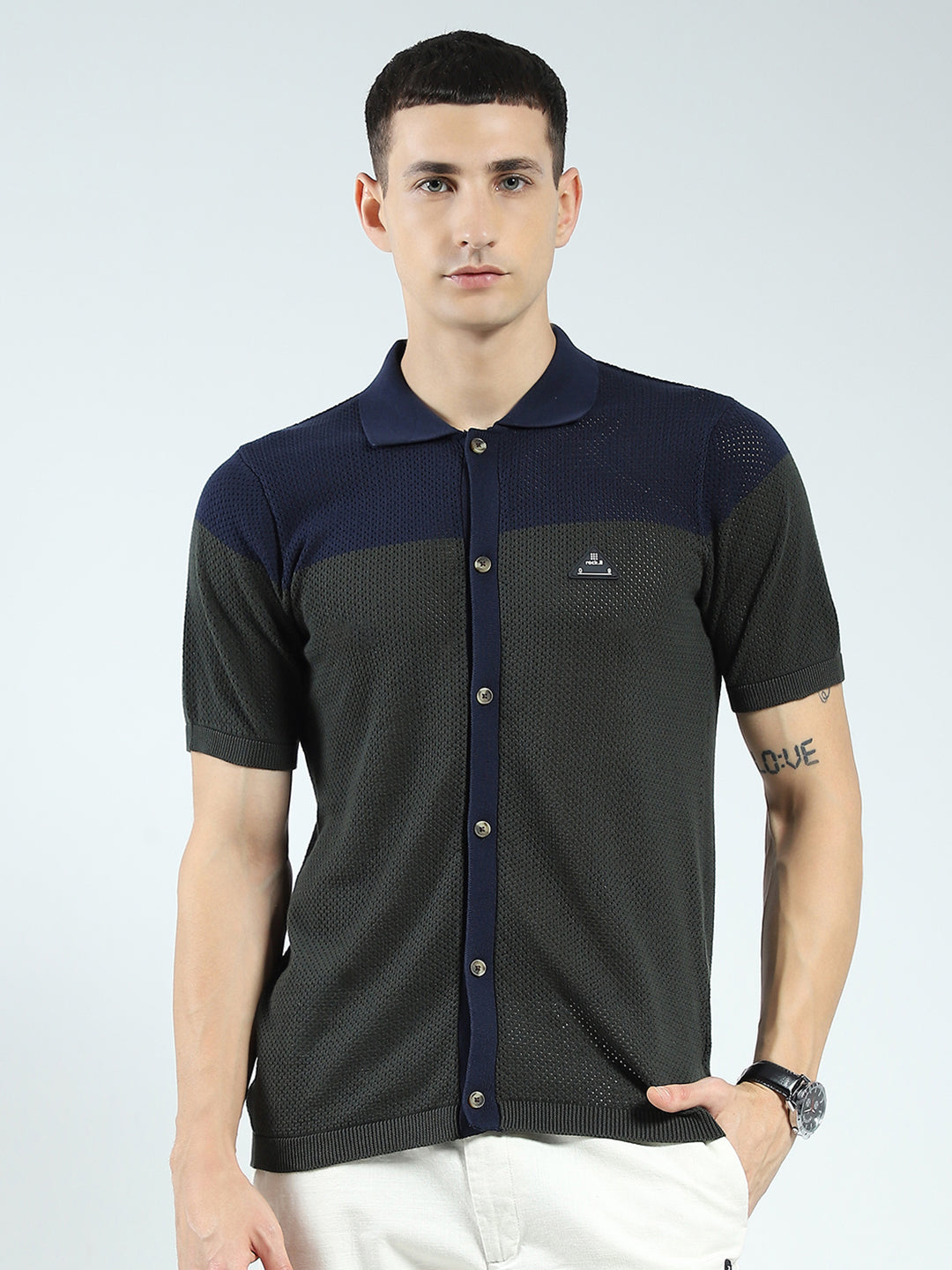 Rock.it Men Navy Blue Self Design Collar Half Sleeve Shirt