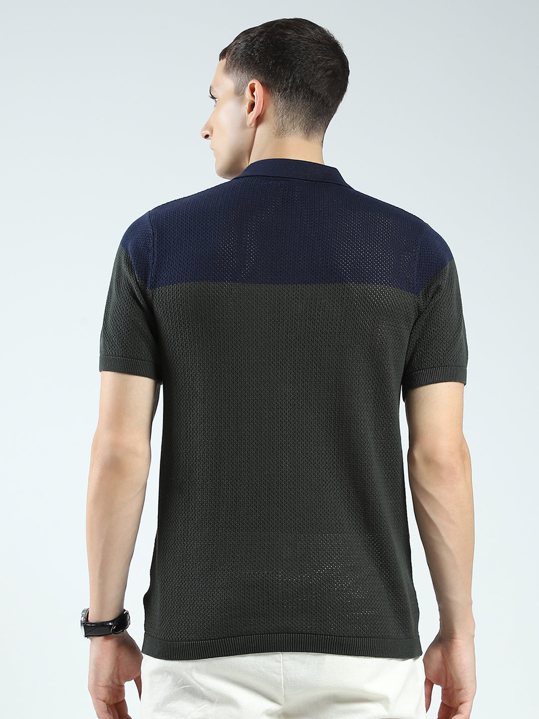 Rock.it Men Navy Blue Self Design Collar Half Sleeve Shirt