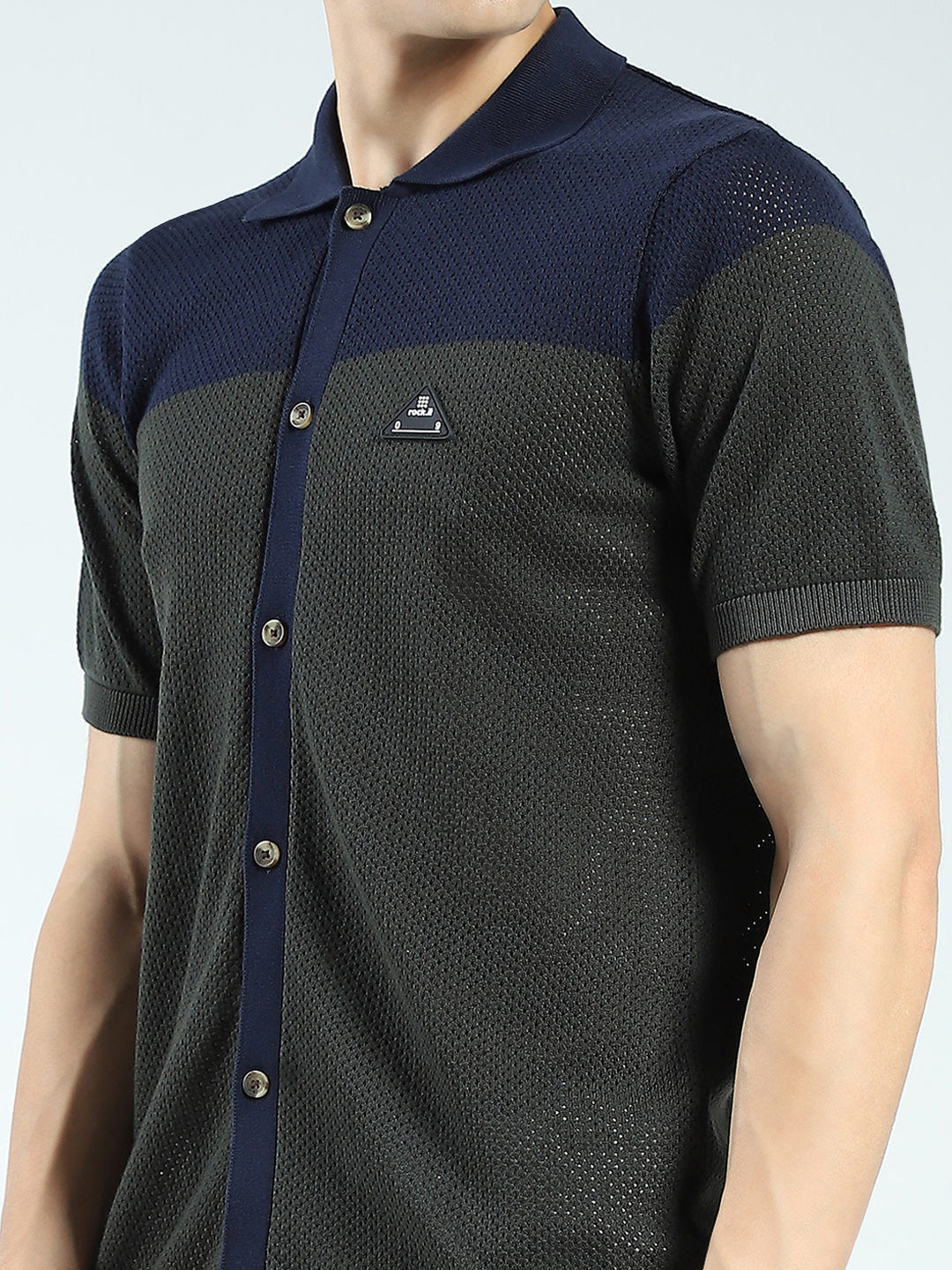 Rock.it Men Navy Blue Self Design Collar Half Sleeve Shirt