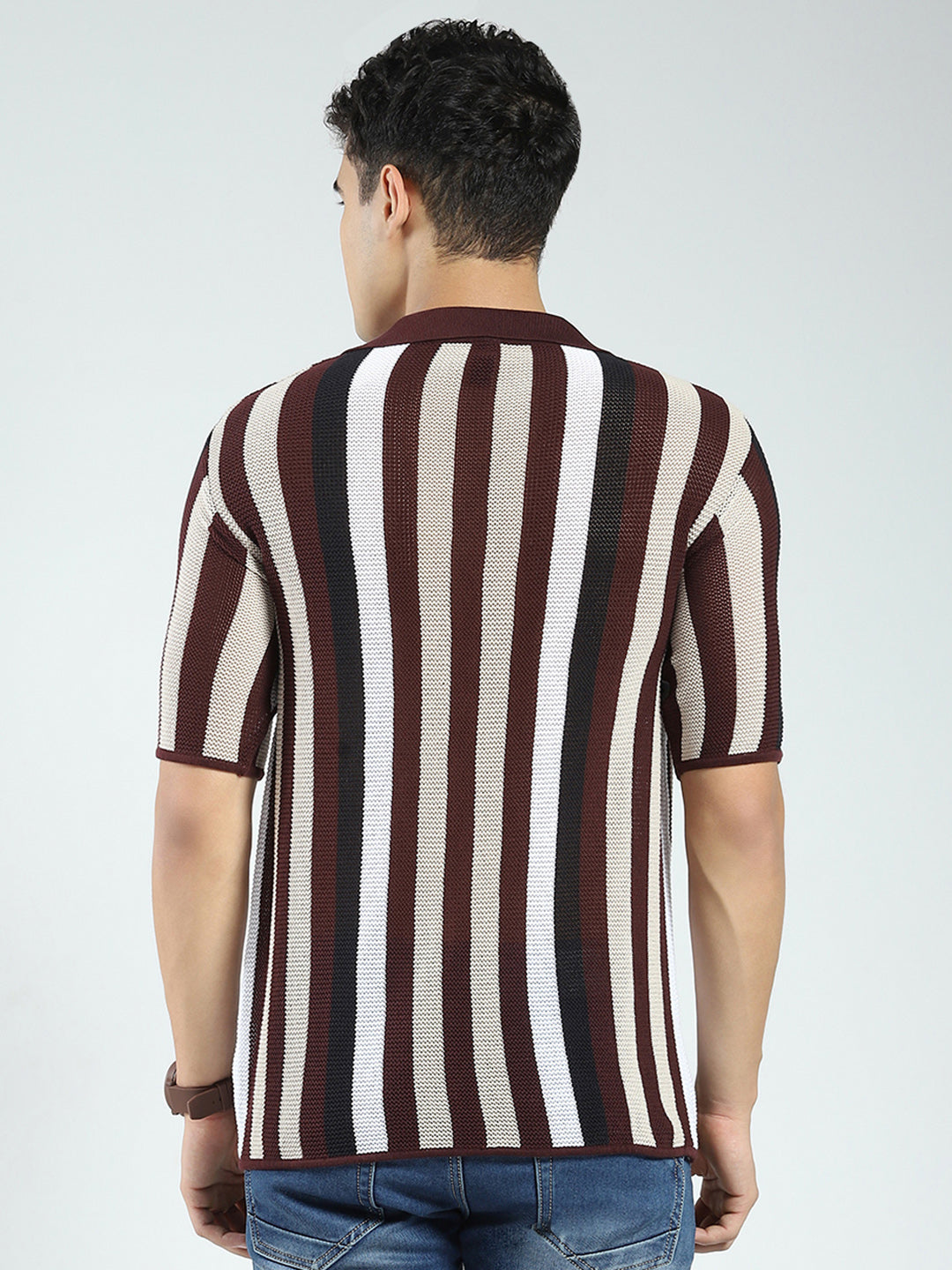 Rock.it Men Maroon Stripe Collar Half Sleeve Shirt