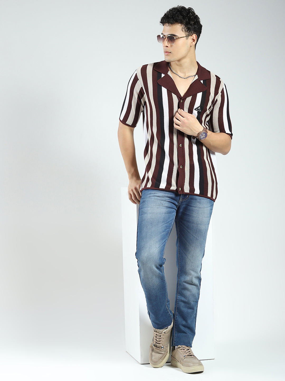 Rock.it Men Maroon Stripe Collar Half Sleeve Shirt