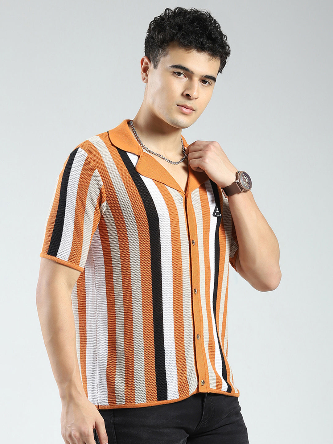 Rock.it Men Orange Stripe Collar Half Sleeve Shirt