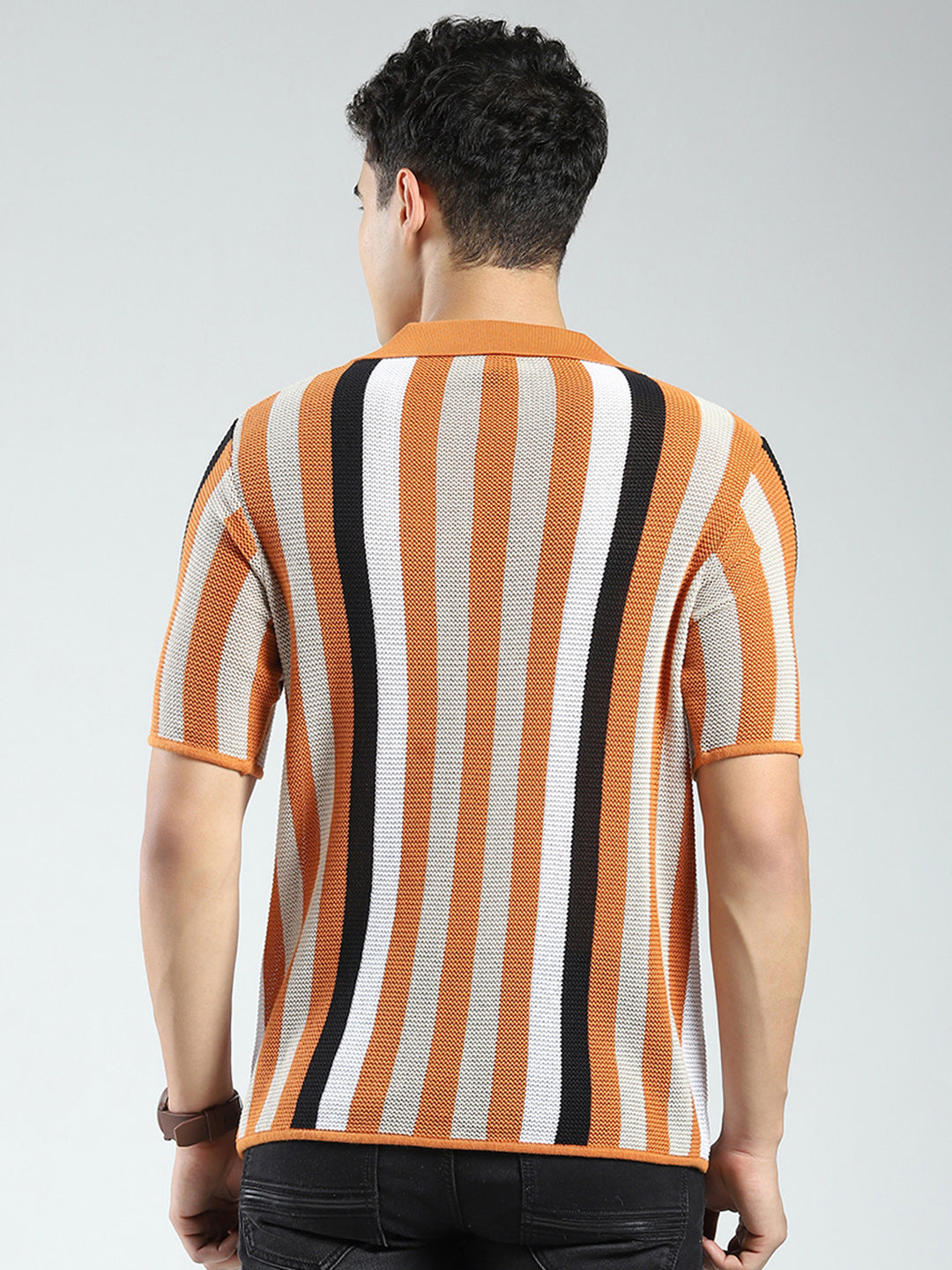 Rock.it Men Orange Stripe Collar Half Sleeve Shirt