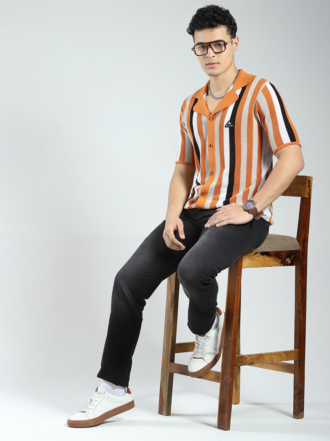 Rock.it Men Orange Stripe Collar Half Sleeve Shirt