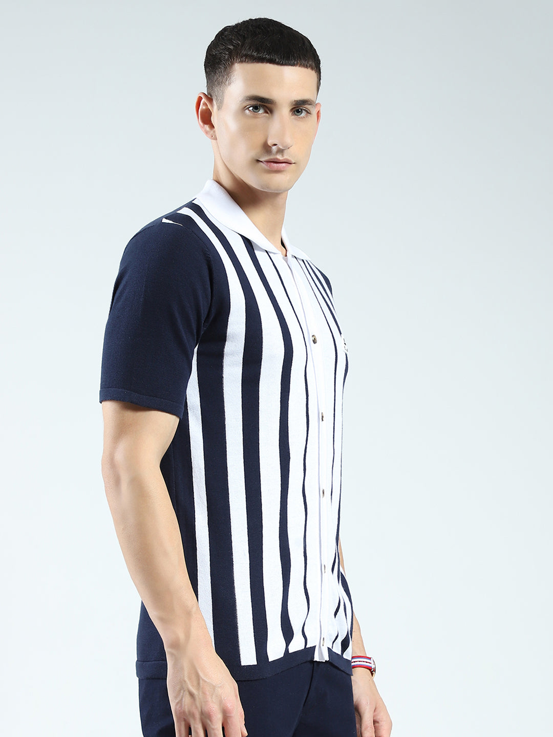 Rock.it Men Navy Blue Stripe Collar Half Sleeve Shirt