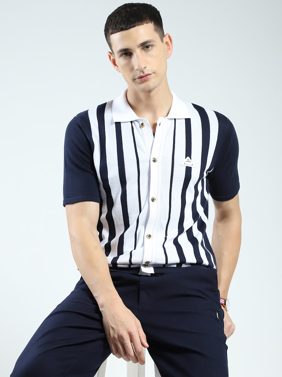 Rock.it Men Navy Blue Stripe Collar Half Sleeve Shirt