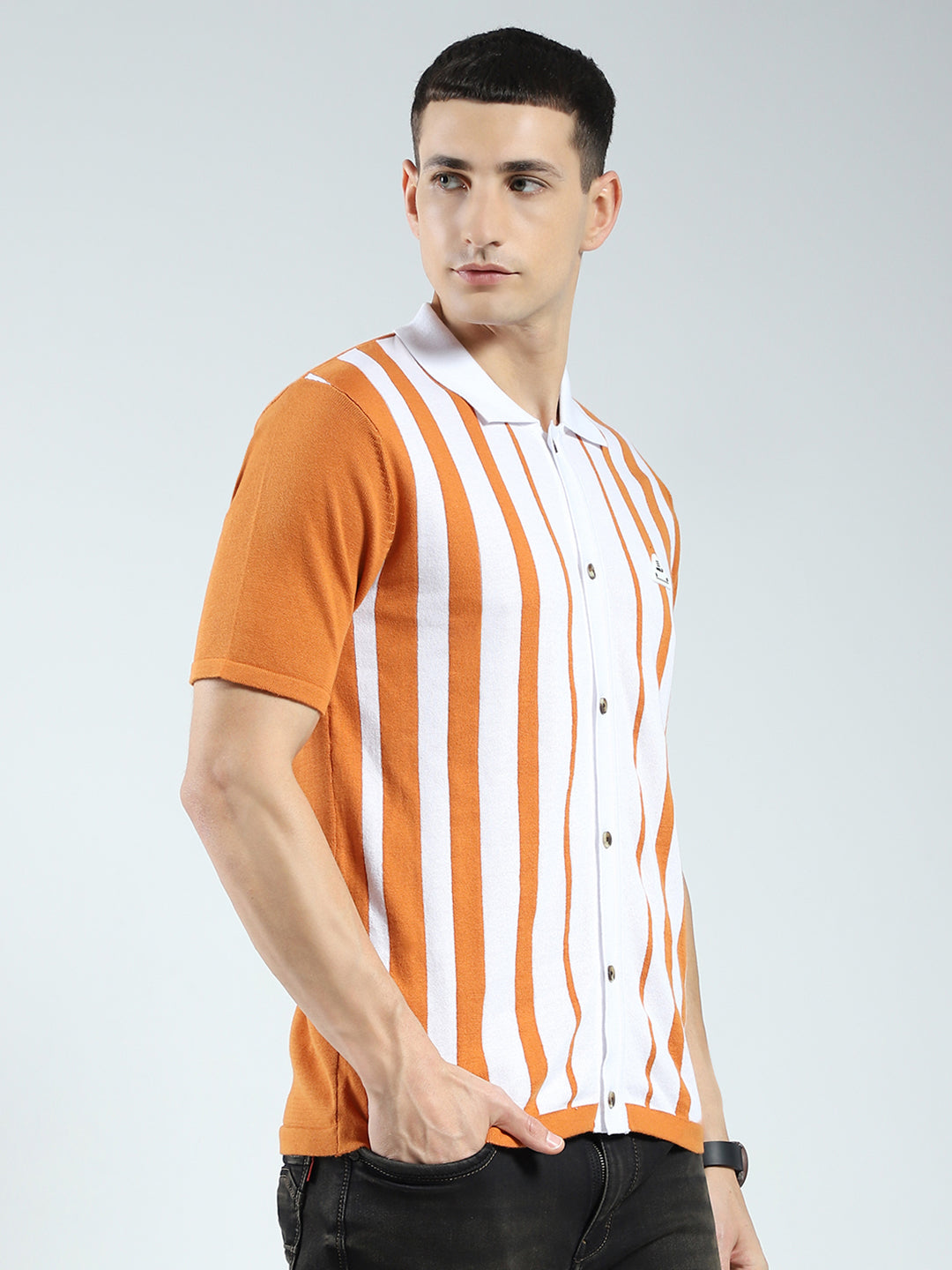 Rock.it Men Orange Stripe Collar Half Sleeve Shirt