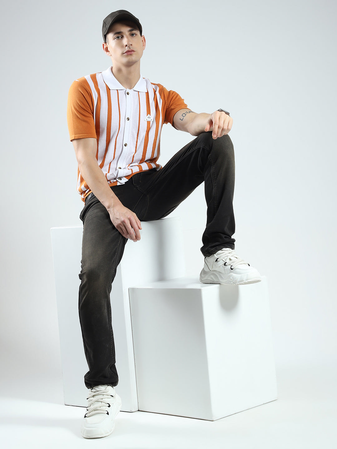 Rock.it Men Orange Stripe Collar Half Sleeve Shirt
