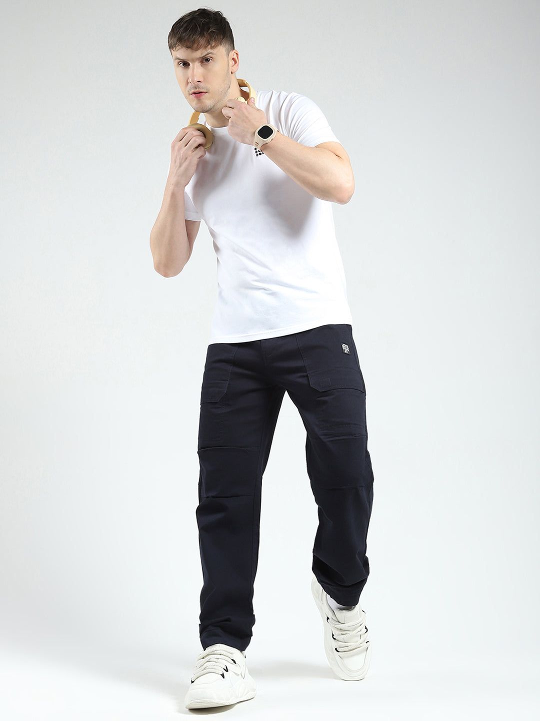 Rock.it Men Navy Blue Solid Straight Fit Cargo