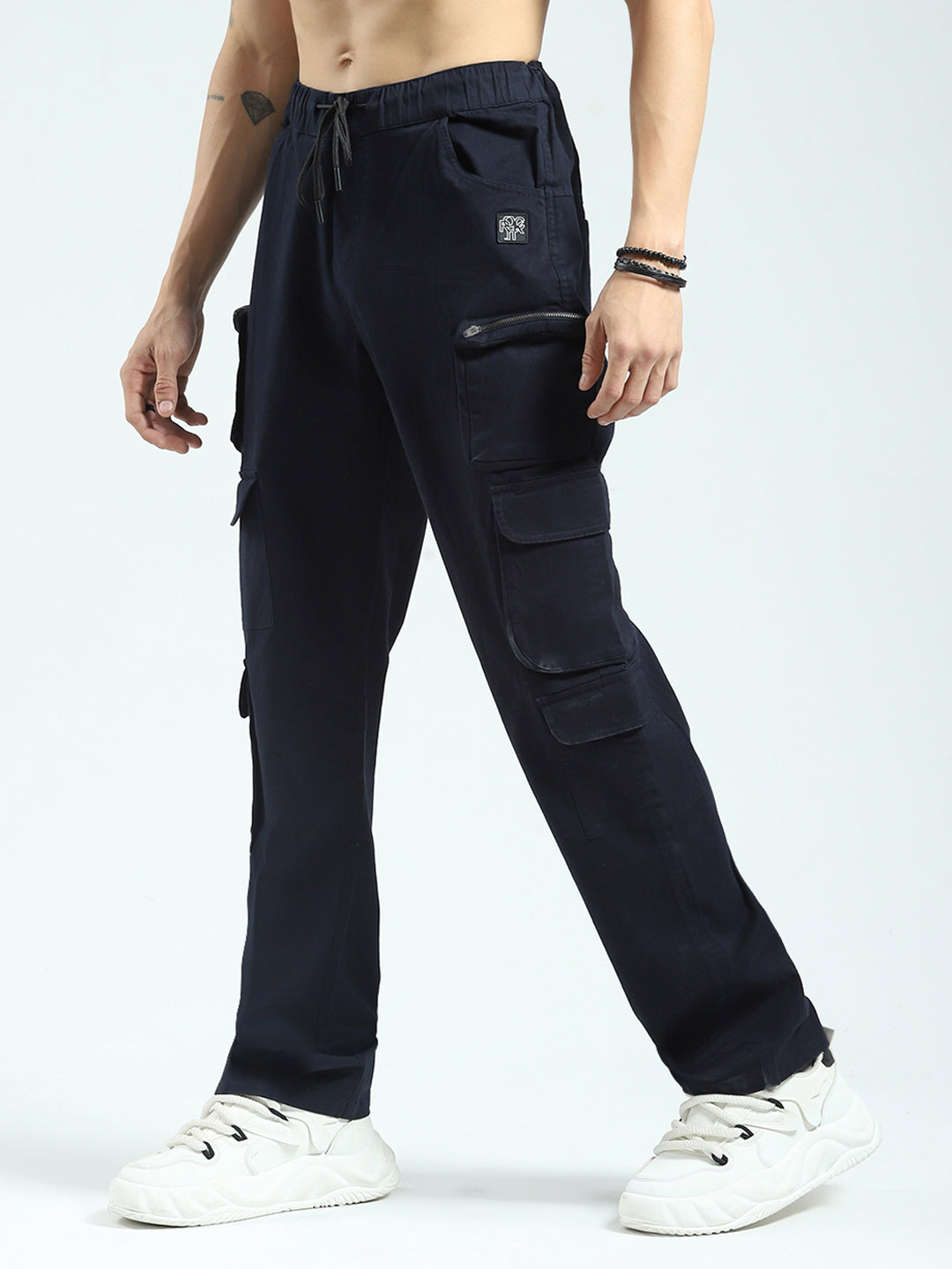 Rock.it Men Navy Blue Solid Straight Fit Cargo