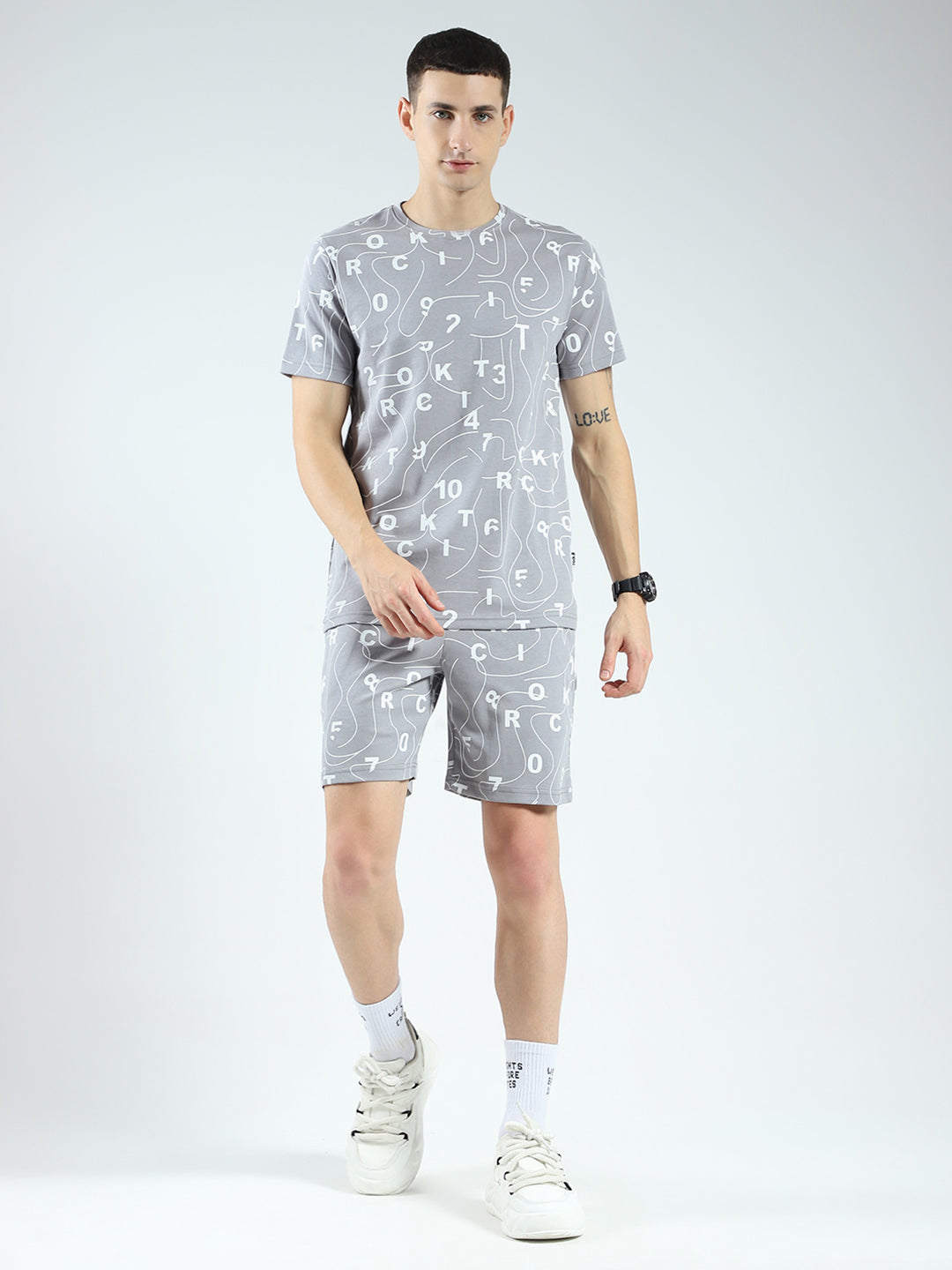 Rock.it Men Grey Printed Round Neck Half Sleeve Shorts Set