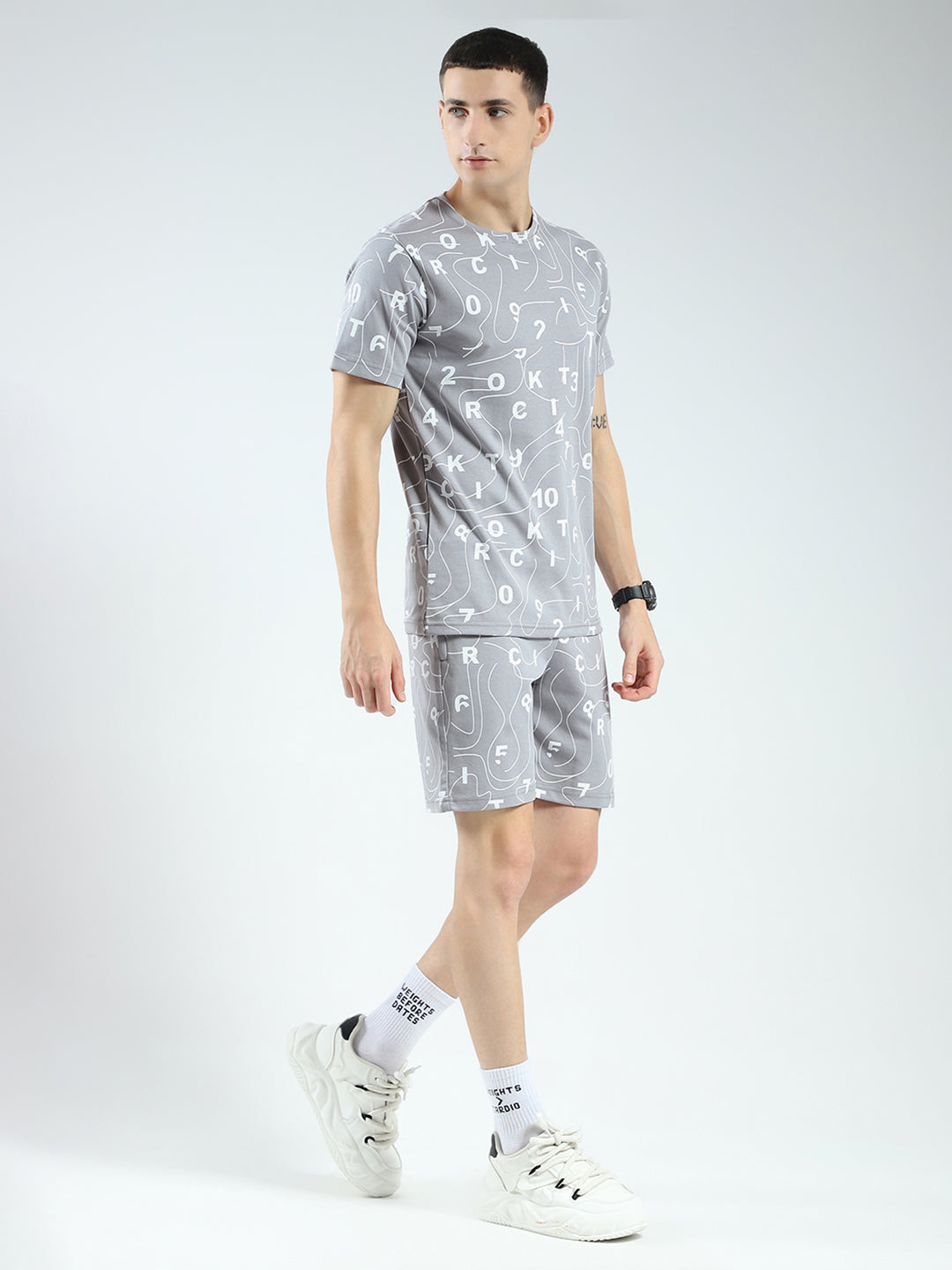 Rock.it Men Grey Printed Round Neck Half Sleeve Shorts Set