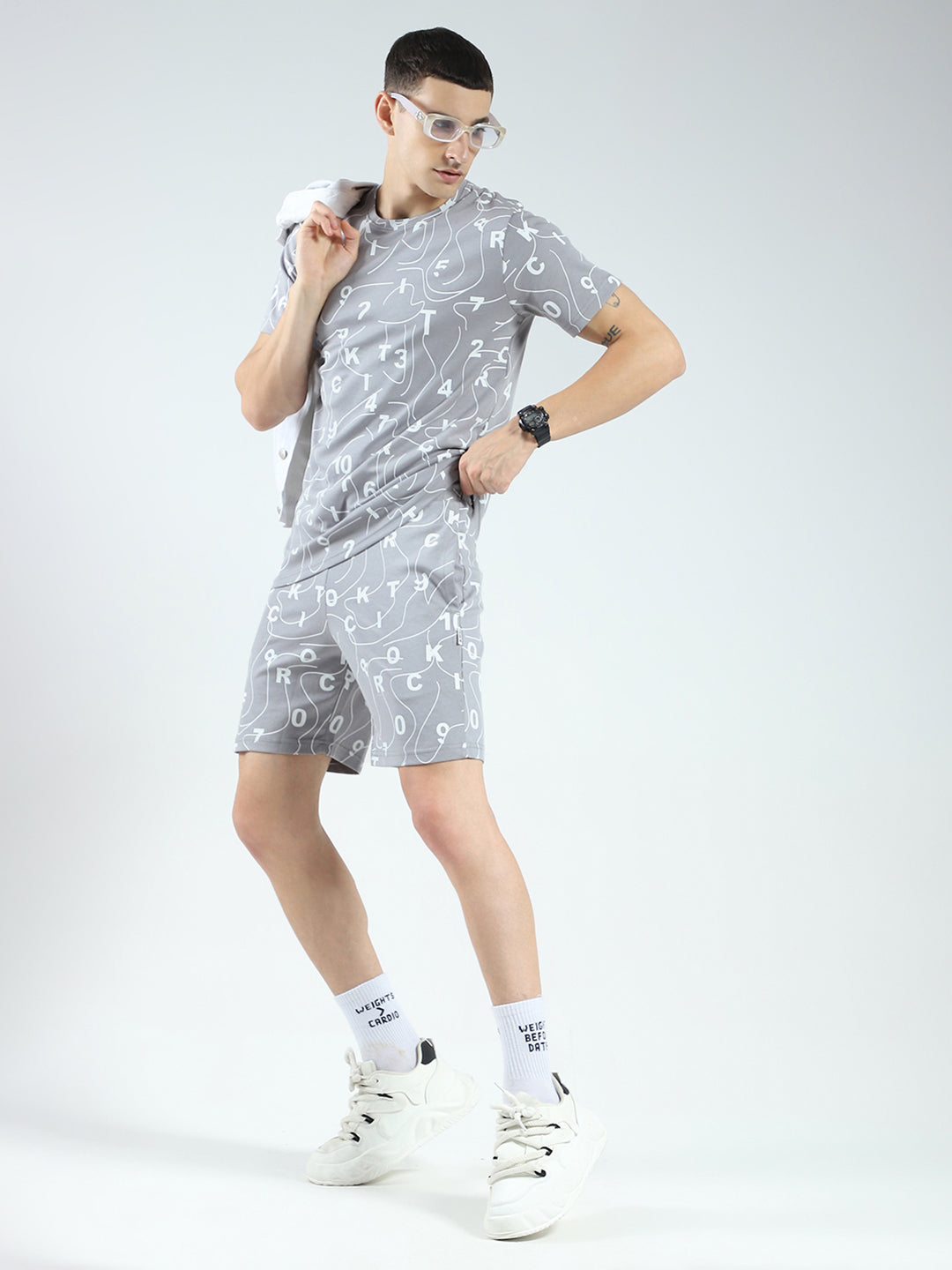 Rock.it Men Grey Printed Round Neck Half Sleeve Shorts Set
