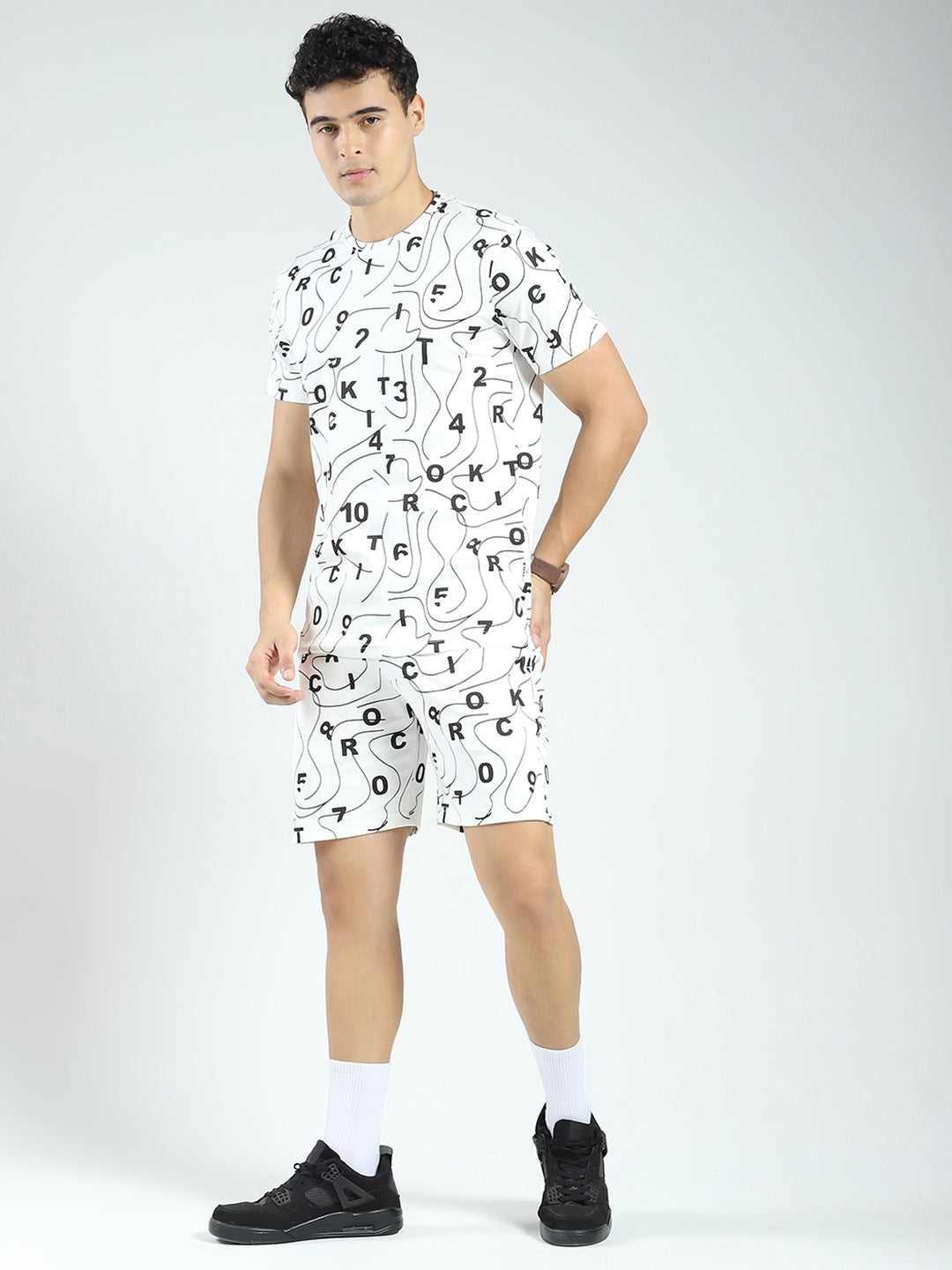 Rock.it Men White Printed Round Neck Half Sleeve Shorts Set