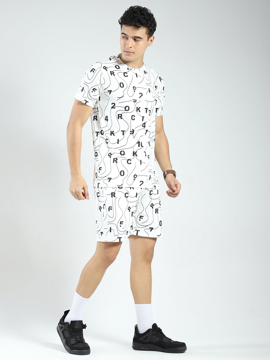 Rock.it Men White Printed Round Neck Half Sleeve Shorts Set