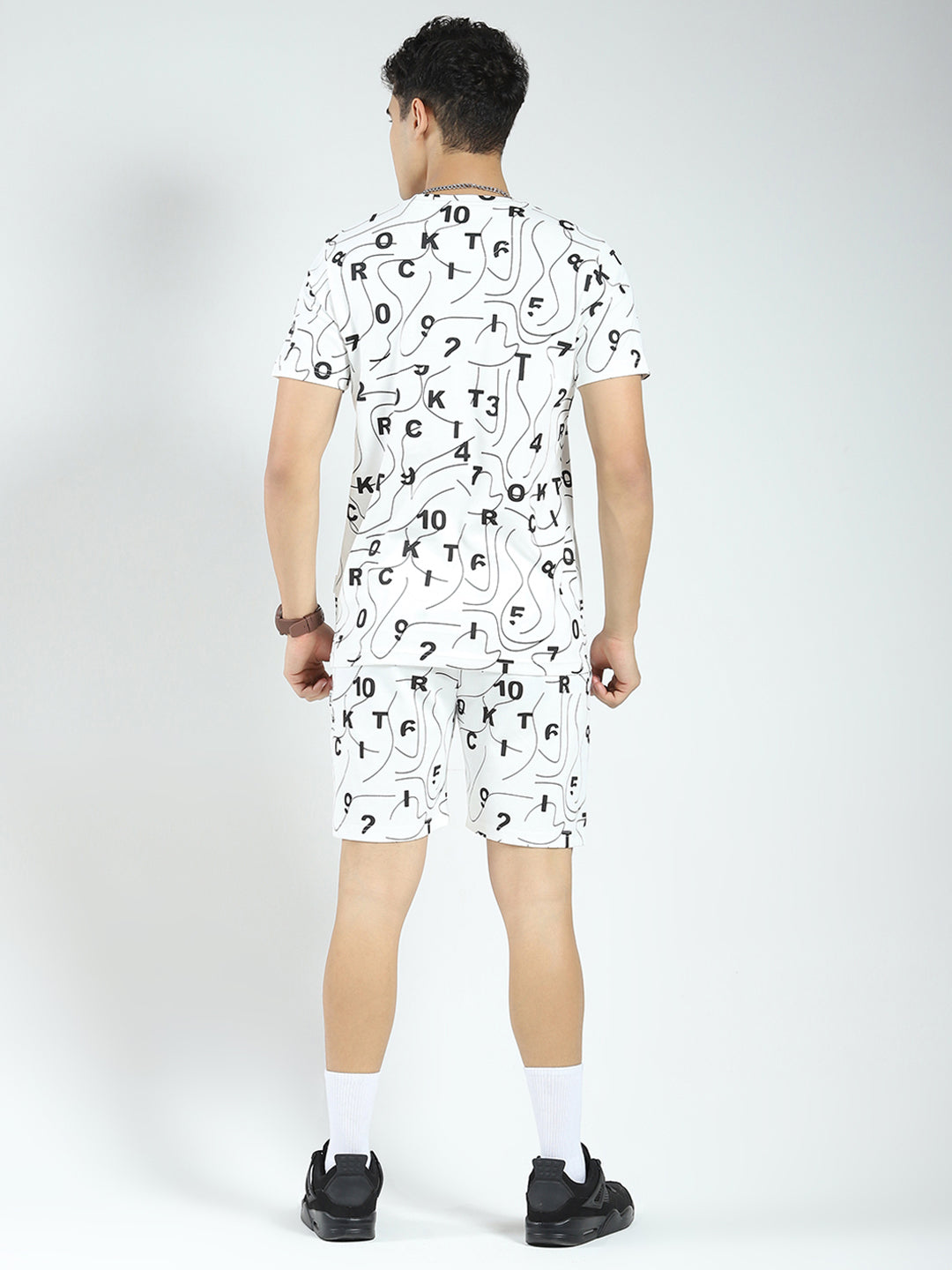 Rock.it Men White Printed Round Neck Half Sleeve Shorts Set