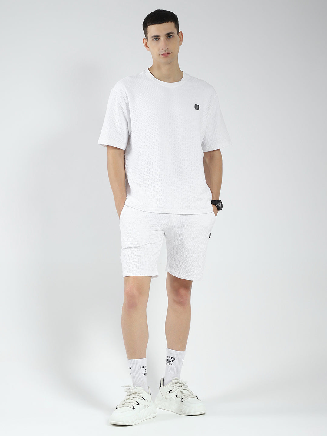 Rock.it Men White Self Design Round Neck Half Sleeve Shorts Set