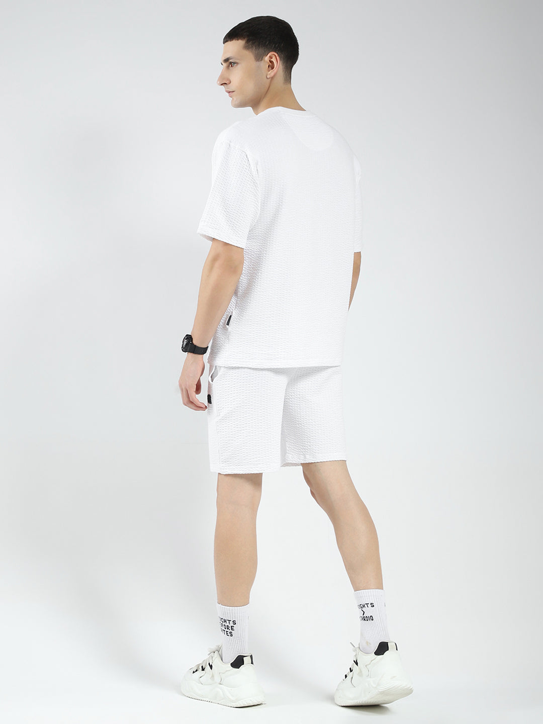 Rock.it Men White Self Design Round Neck Half Sleeve Shorts Set