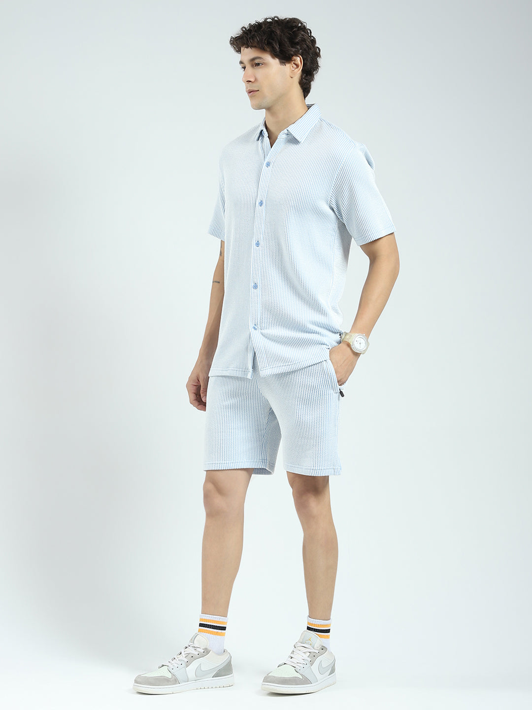 Rock.it Men Blue Stripe Collar Half Sleeve Cords Set