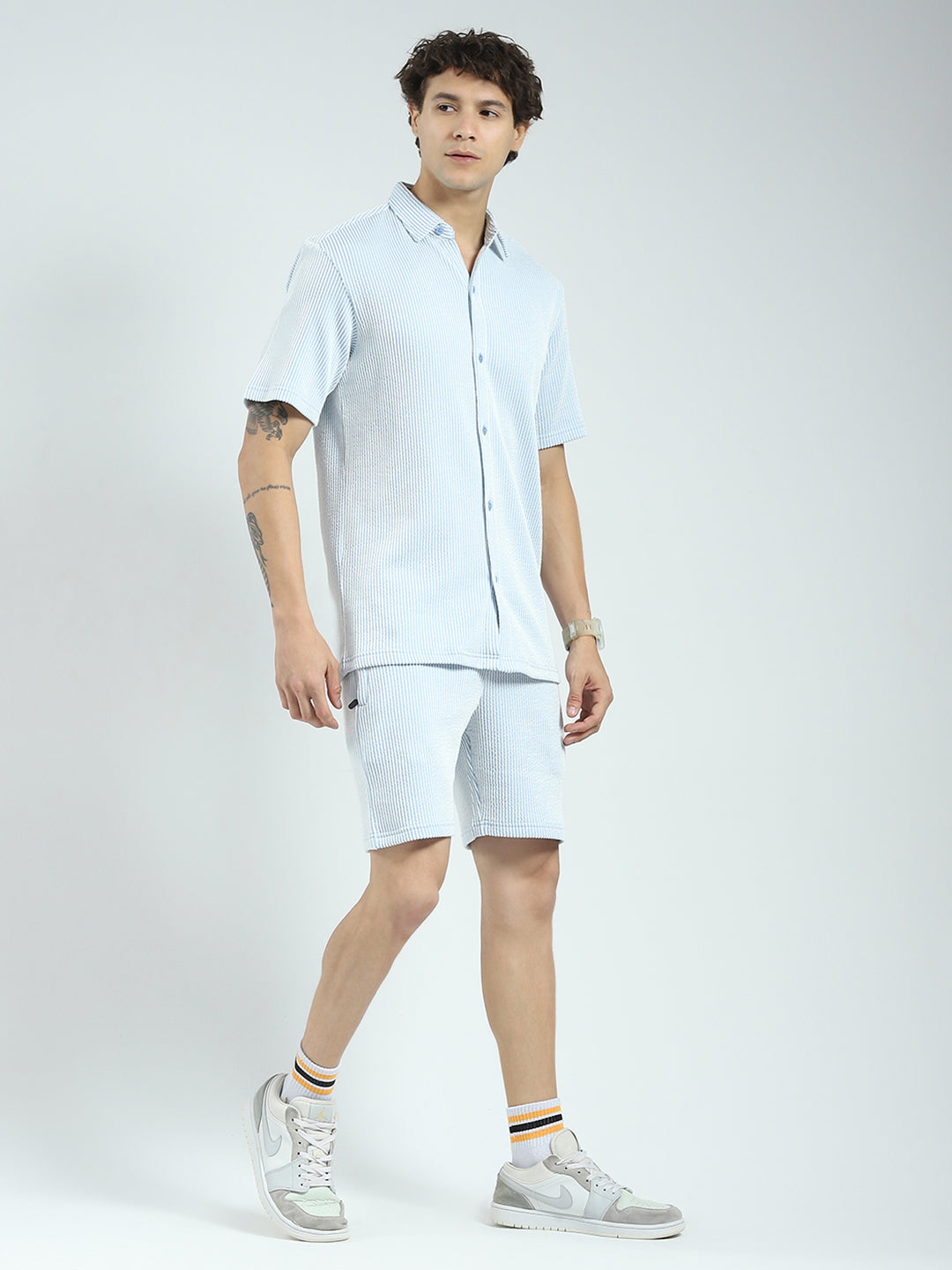 Rock.it Men Blue Stripe Collar Half Sleeve Cords Set